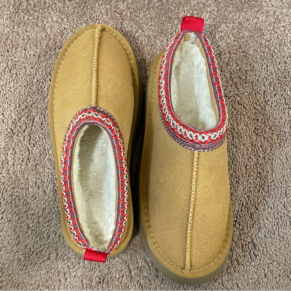 Tan Suede Slippers with Red Trim